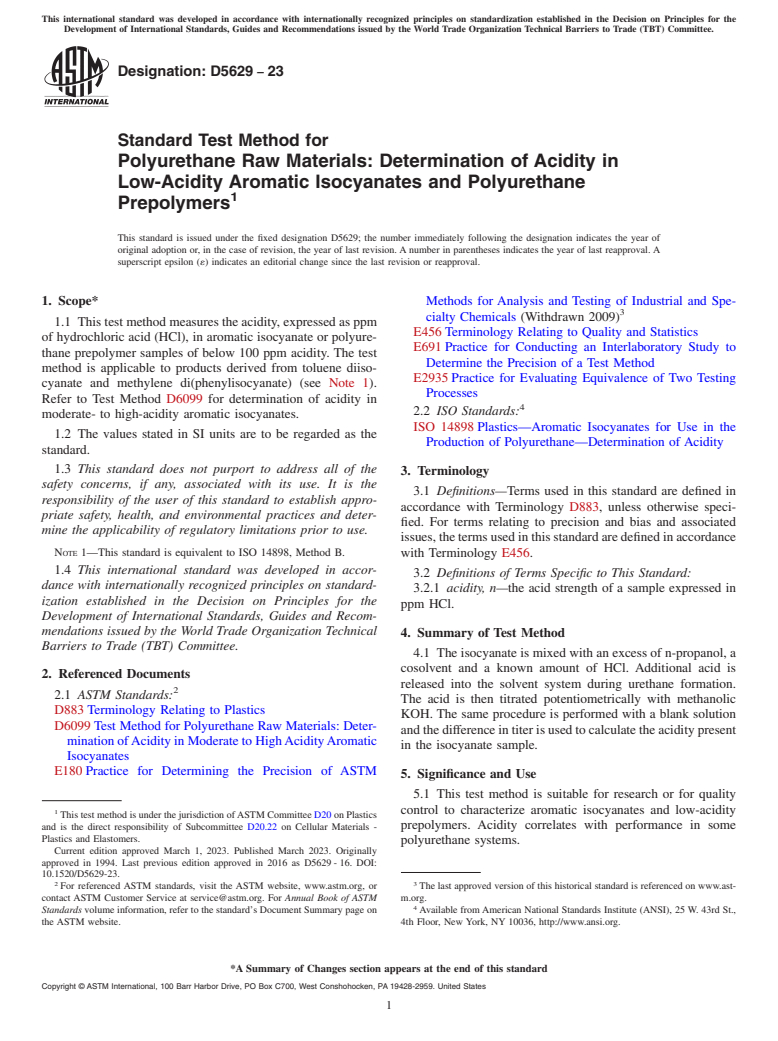 ASTM D5629-23 - Standard Test Method for Polyurethane Raw Materials: Determination of Acidity in Low-Acidity  Aromatic Isocyanates and Polyurethane Prepolymers