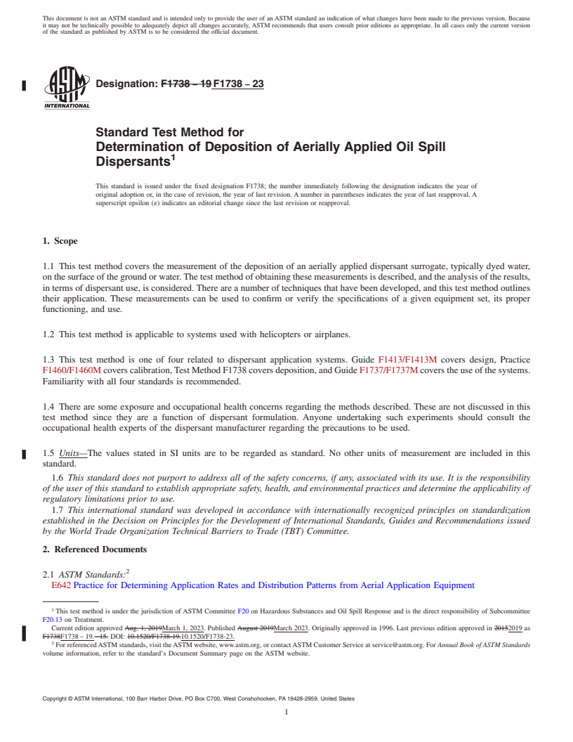 REDLINE ASTM F1738-23 - Standard Test Method for  Determination of Deposition of Aerially Applied Oil Spill Dispersants