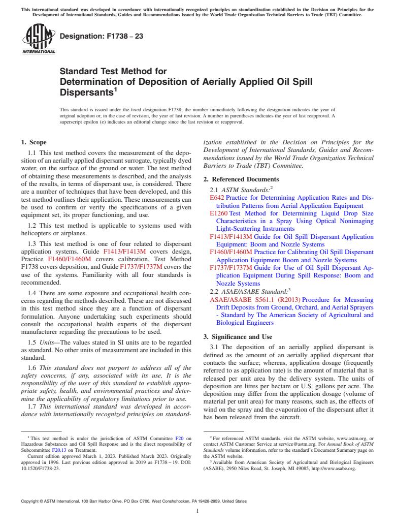 ASTM F1738-23 - Standard Test Method for  Determination of Deposition of Aerially Applied Oil Spill Dispersants