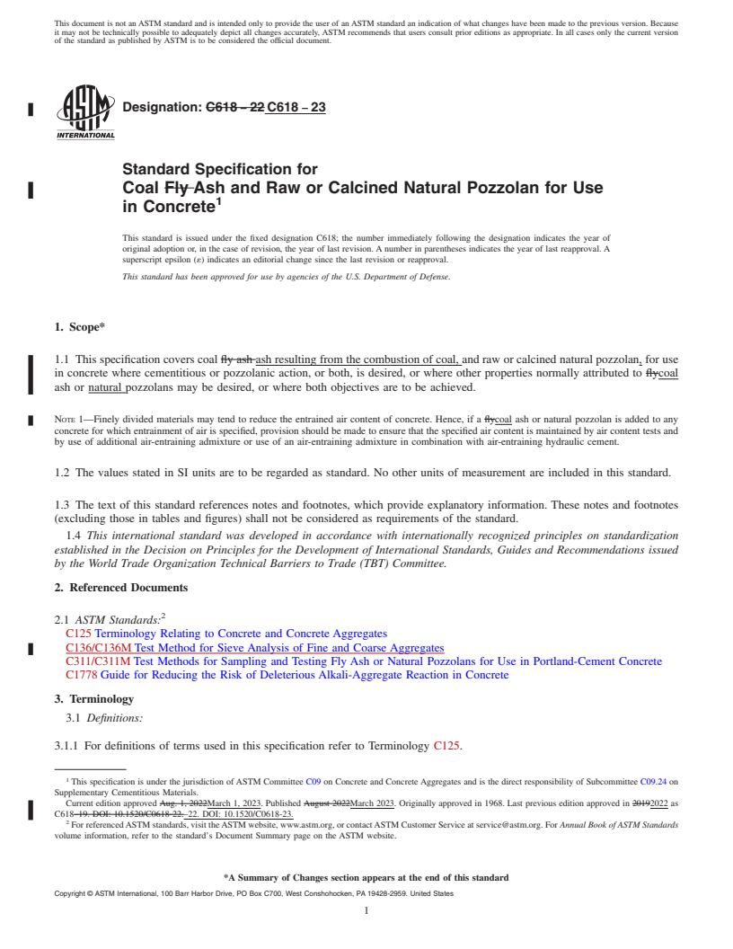 REDLINE ASTM C618-23 - Standard Specification for  Coal Ash and Raw or Calcined Natural Pozzolan for Use in Concrete