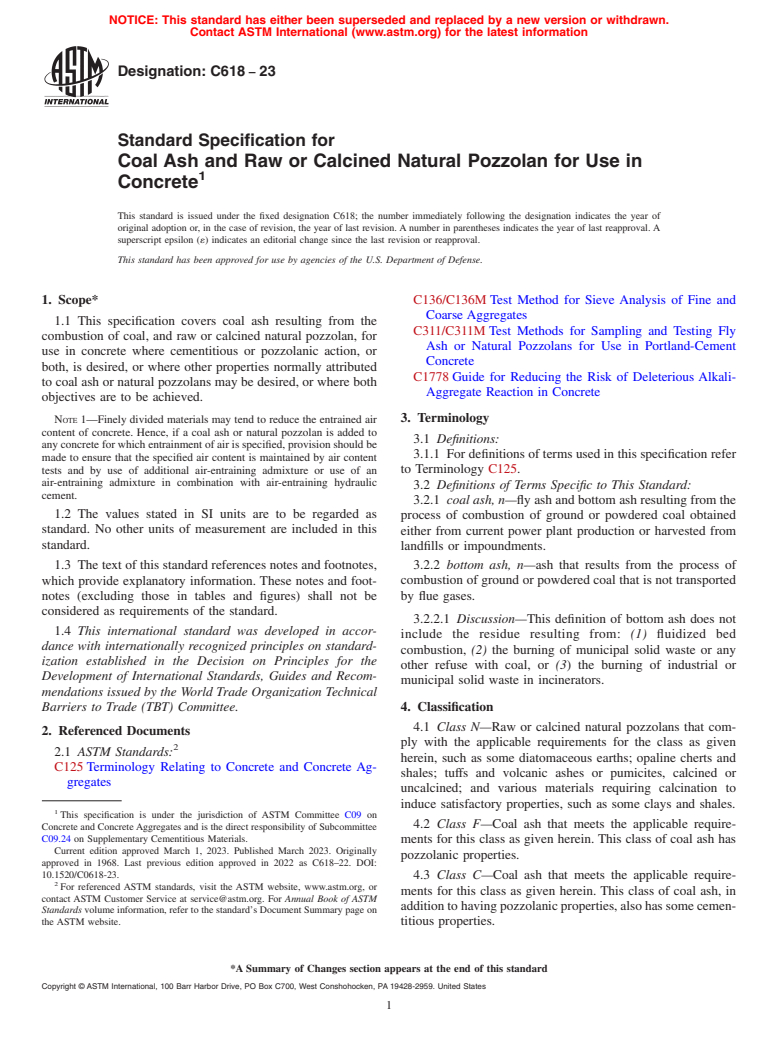 ASTM C618-23 - Standard Specification for  Coal Ash and Raw or Calcined Natural Pozzolan for Use in Concrete