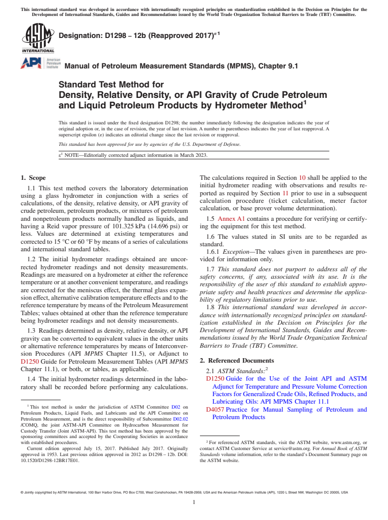 ASTM D1298-12b(2017)e1 - Standard Test Method for Density, Relative Density, or API Gravity of Crude Petroleum  and Liquid Petroleum Products by Hydrometer Method