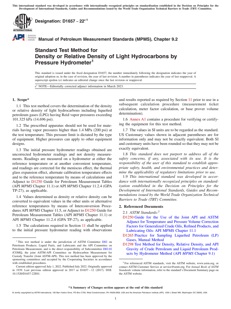ASTM D1657-22e1 - Standard Test Method for Density or Relative Density of Light Hydrocarbons by Pressure  Hydrometer