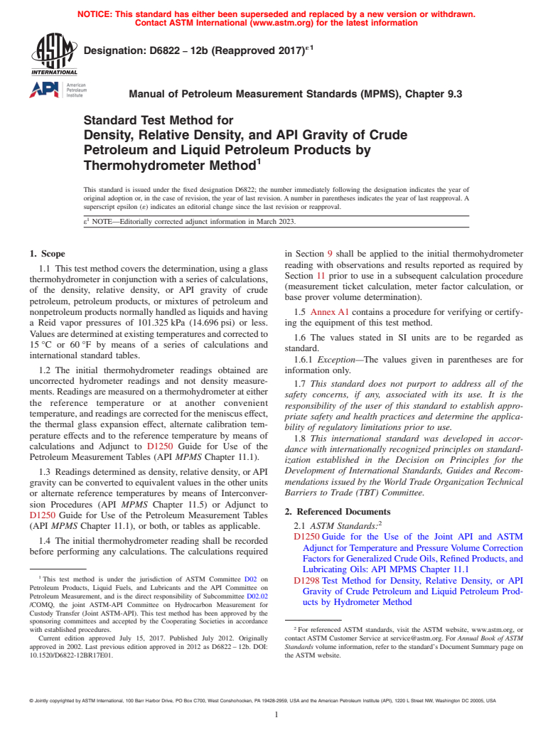 ASTM D6822-12b(2017)e1 - Standard Test Method for Density, Relative Density, and API Gravity of Crude Petroleum  and Liquid Petroleum Products by Thermohydrometer Method