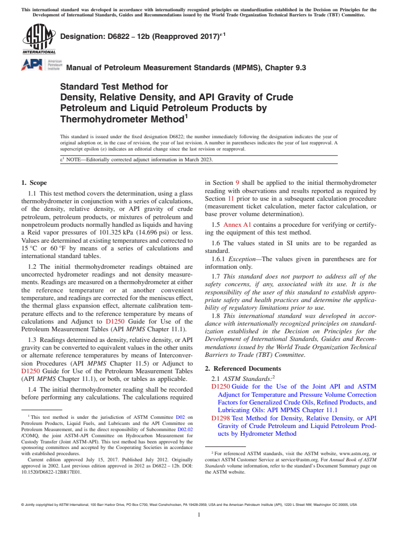 ASTM D6822-12b(2017)e1 - Standard Test Method for Density, Relative Density, and API Gravity of Crude Petroleum  and Liquid Petroleum Products by Thermohydrometer Method