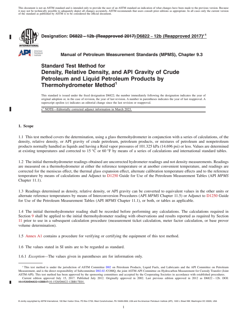 REDLINE ASTM D6822-12b(2017)e1 - Standard Test Method for Density, Relative Density, and API Gravity of Crude Petroleum  and Liquid Petroleum Products by Thermohydrometer Method