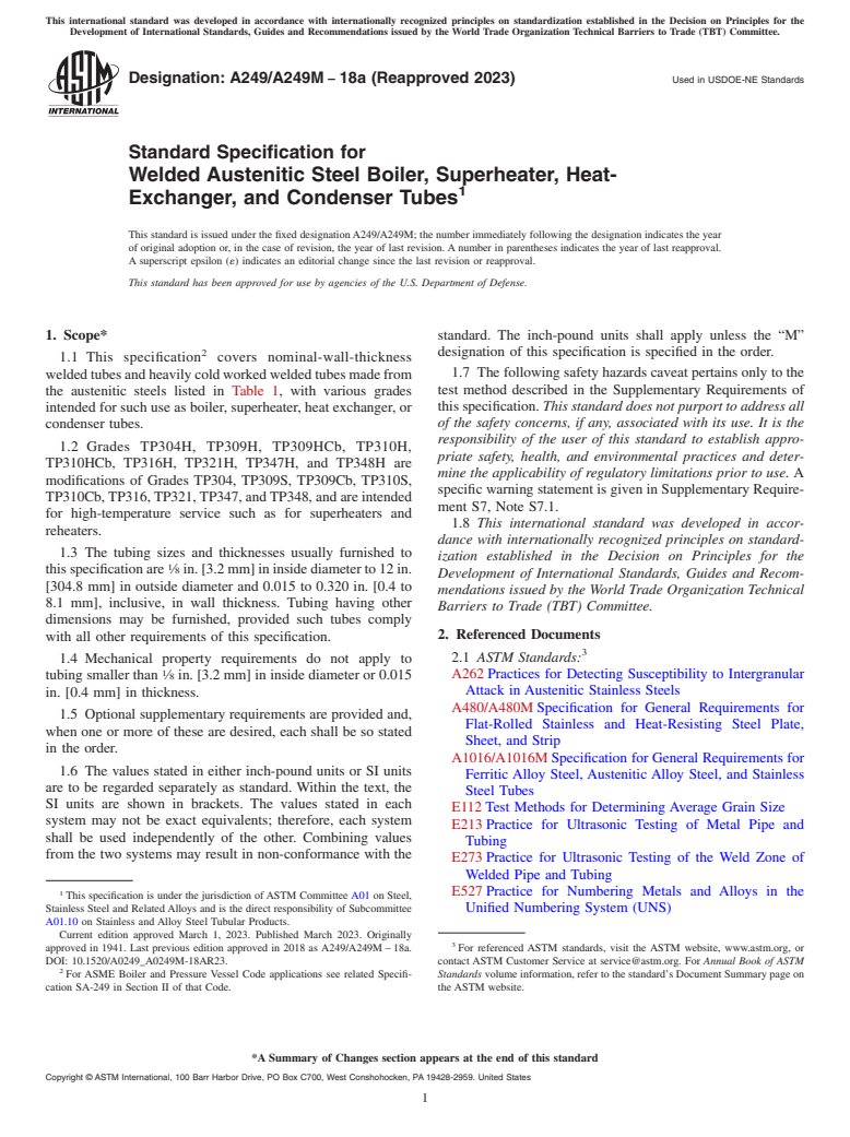 ASTM A249/A249M-18a(2023) - Standard Specification for  Welded Austenitic Steel Boiler, Superheater, Heat-Exchanger,  and Condenser Tubes