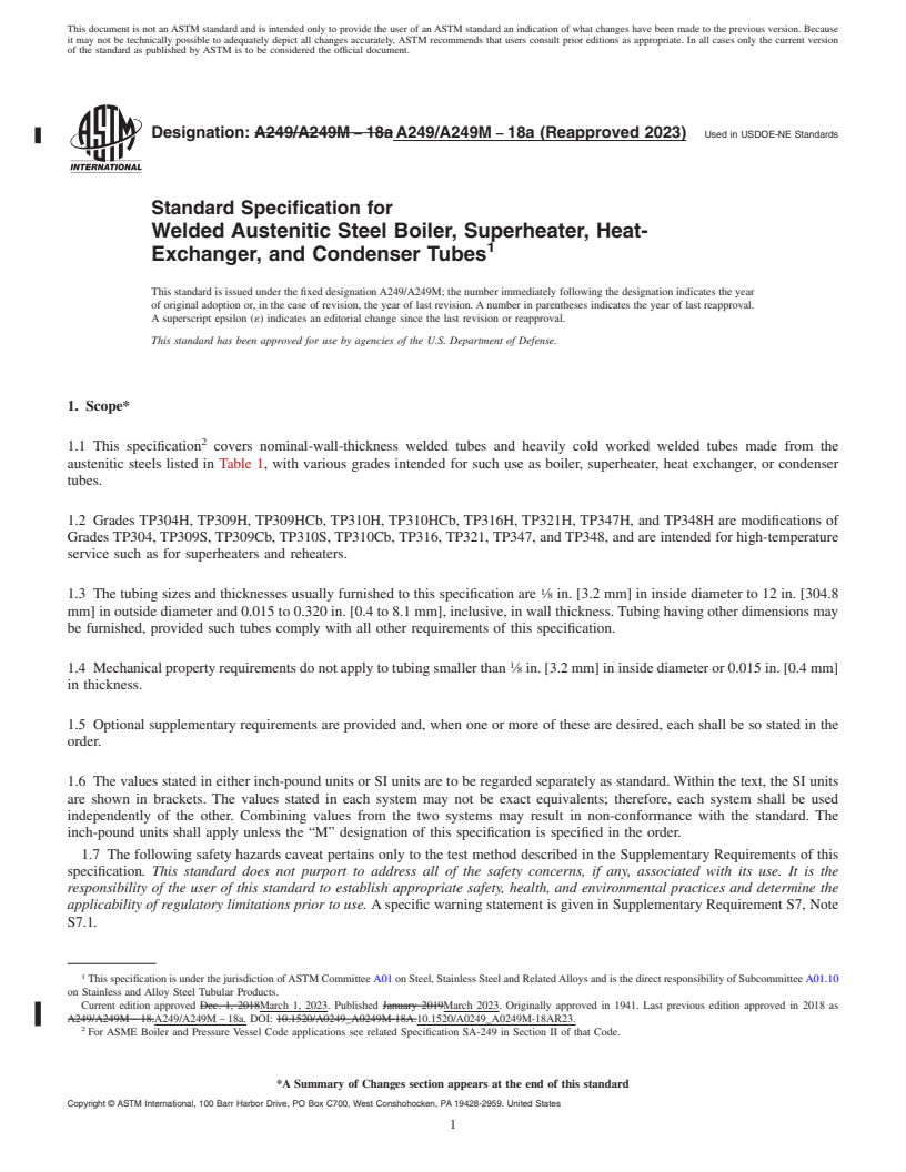 REDLINE ASTM A249/A249M-18a(2023) - Standard Specification for  Welded Austenitic Steel Boiler, Superheater, Heat-Exchanger,  and Condenser Tubes