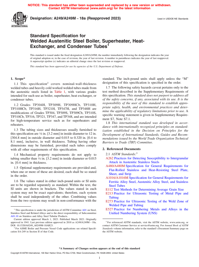 ASTM A249/A249M-18a(2023) - Standard Specification for  Welded Austenitic Steel Boiler, Superheater, Heat-Exchanger,  and Condenser Tubes