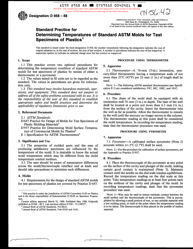 ASTM D958-88 - Practice for Determining Temperatures of Standard ASTM Molds for Test Specimens of Plastics (Withdrawn 1995)