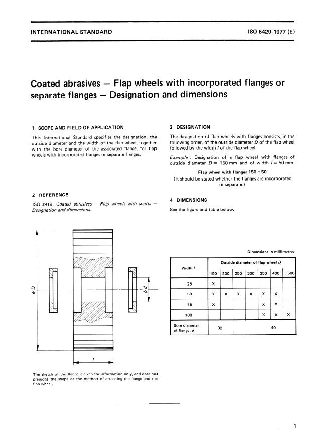 ISO 5429:1977 - Coated abrasives -- Flap wheels with incorporated flanges or separate flanges -- Designation and dimensions