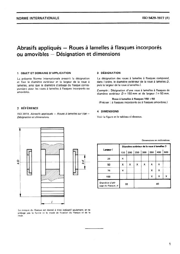 ISO 5429:1977 - Abrasifs appliqués -- Roues a lamelles a flasques incorporés ou amovibles -- Désignation et dimensions