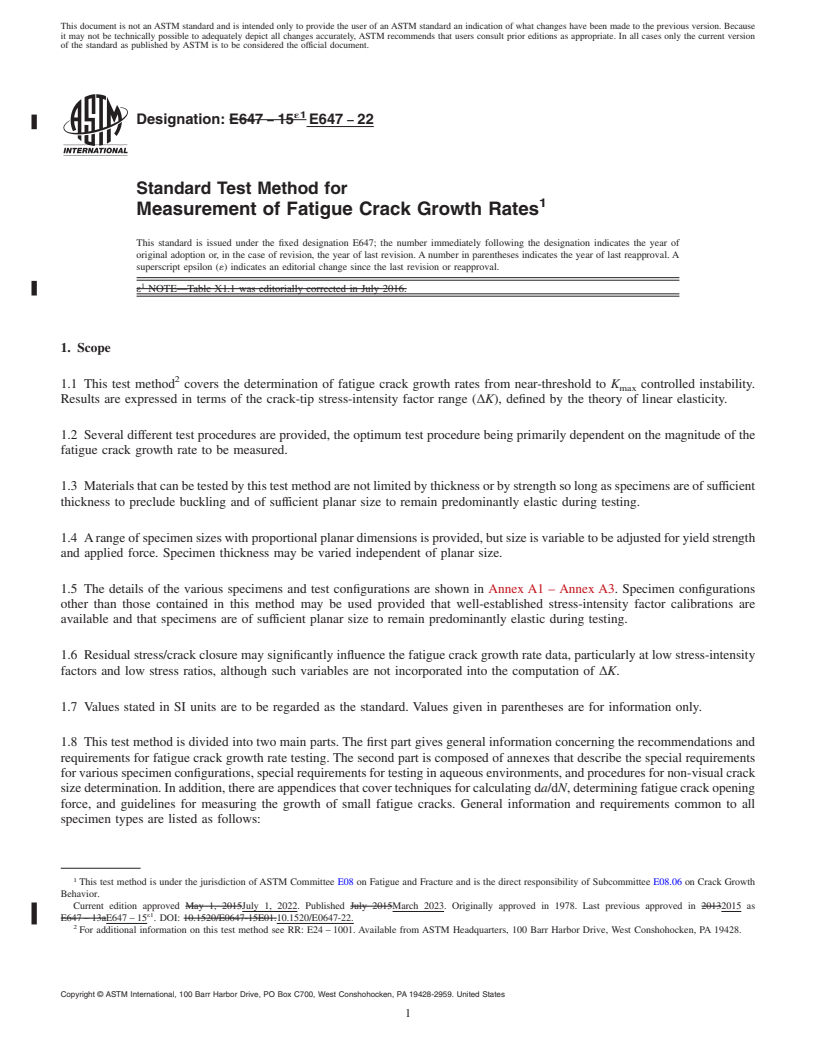 REDLINE ASTM E647-22 - Standard Test Method for  Measurement of Fatigue Crack Growth Rates