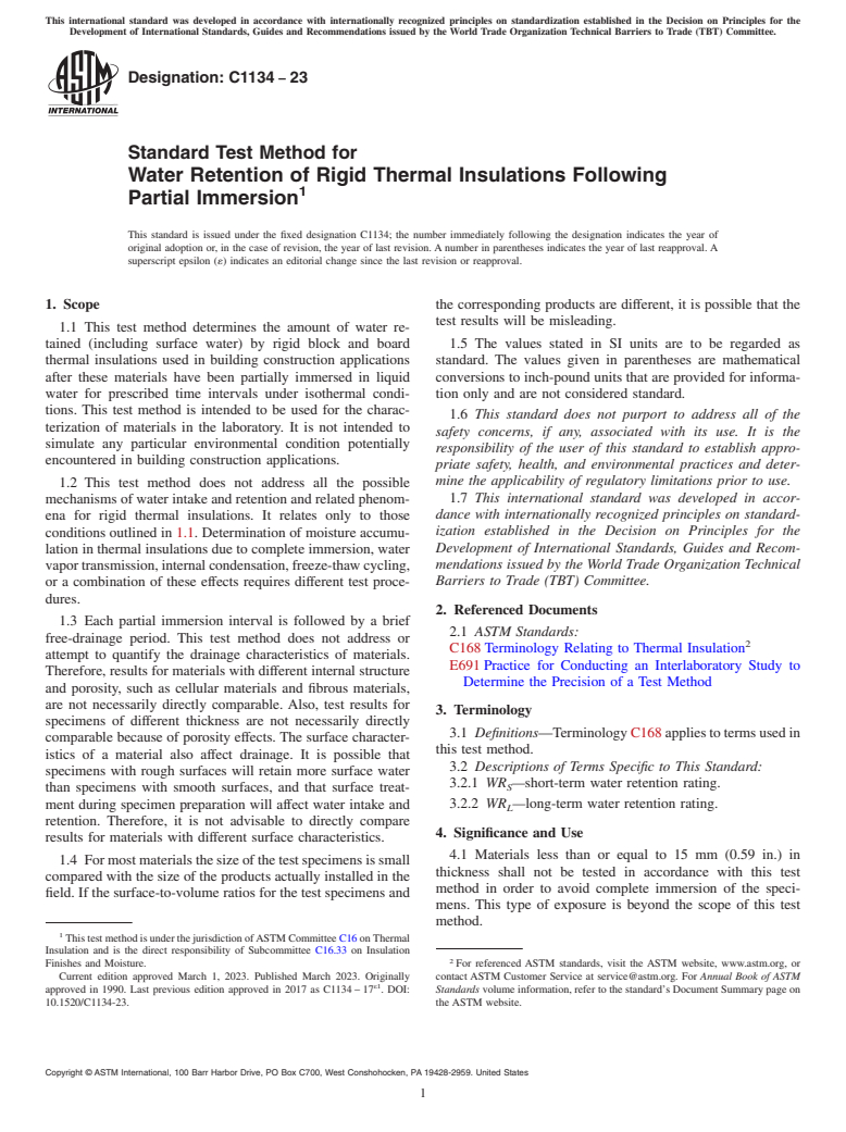 ASTM C1134-23 - Standard Test Method for  Water Retention of Rigid Thermal Insulations Following Partial  Immersion