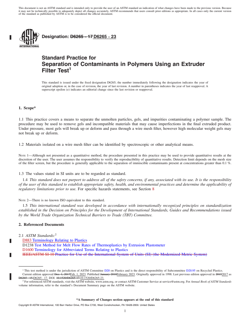 REDLINE ASTM D6265-23 - Standard Practice for Separation of Contaminants in Polymers Using an Extruder Filter  Test