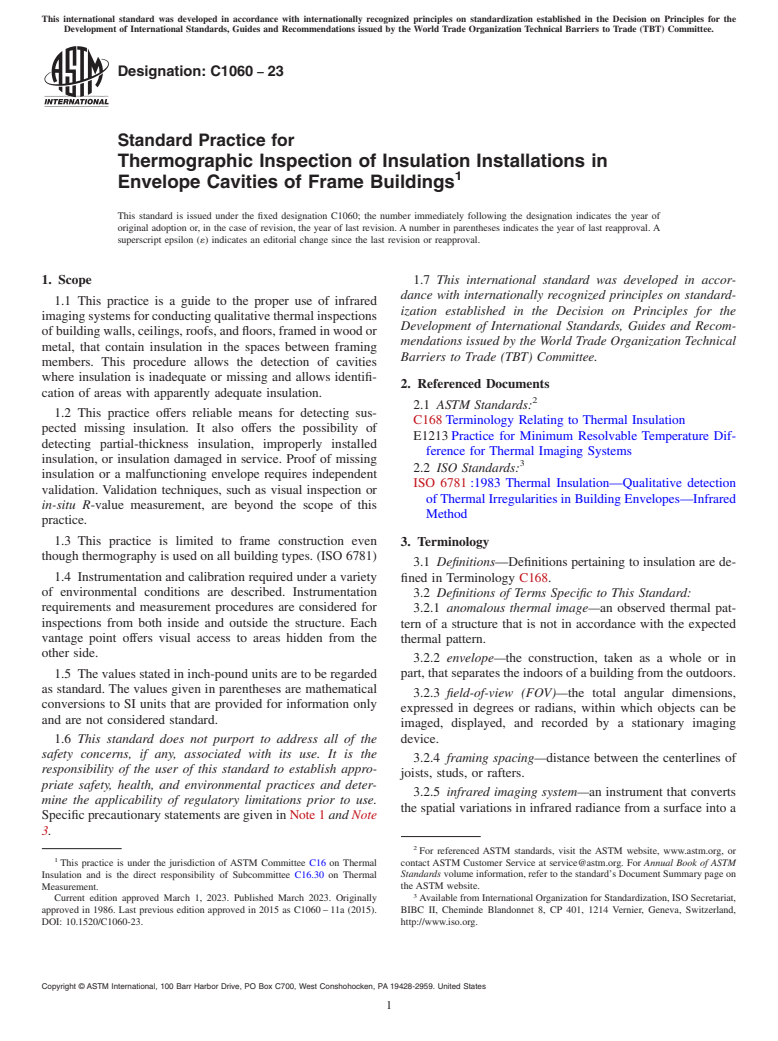 ASTM C1060-23 - Standard Practice for Thermographic Inspection of Insulation Installations in Envelope  Cavities of Frame Buildings