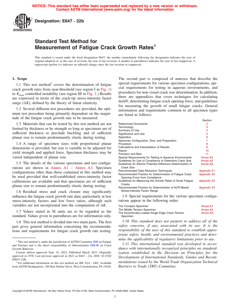 ASTM E647-22b - Standard Test Method for  Measurement of Fatigue Crack Growth Rates