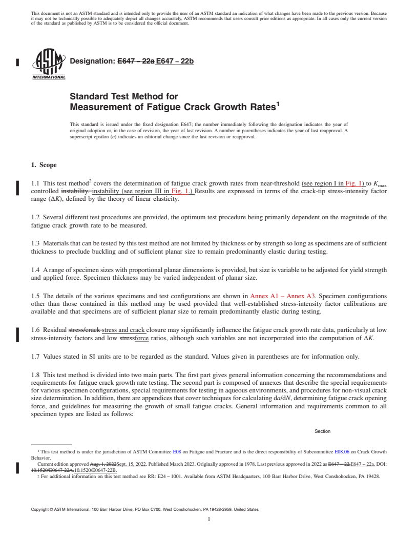 REDLINE ASTM E647-22b - Standard Test Method for  Measurement of Fatigue Crack Growth Rates