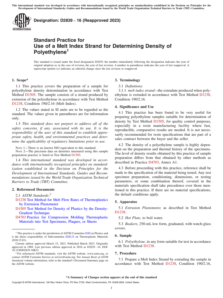 ASTM D2839-16(2023) - Standard Practice for  Use of a Melt Index Strand for Determining Density of Polyethylene