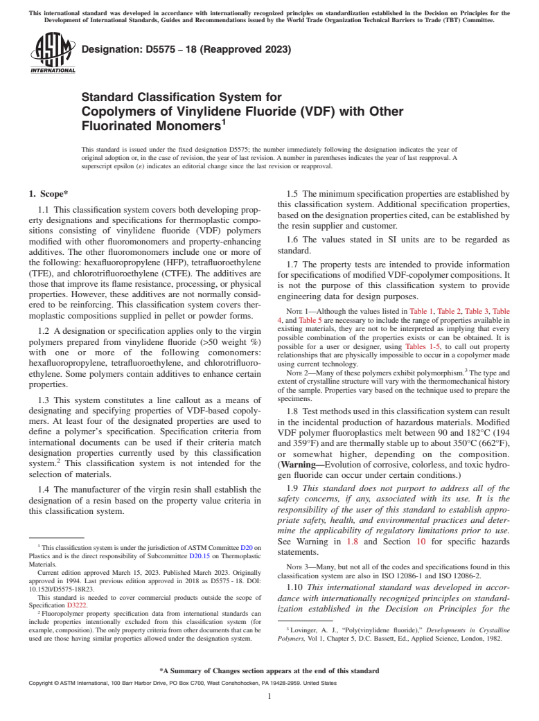 ASTM D5575-18(2023) - Standard Classification System for Copolymers of Vinylidene Fluoride (VDF) with Other Fluorinated  Monomers