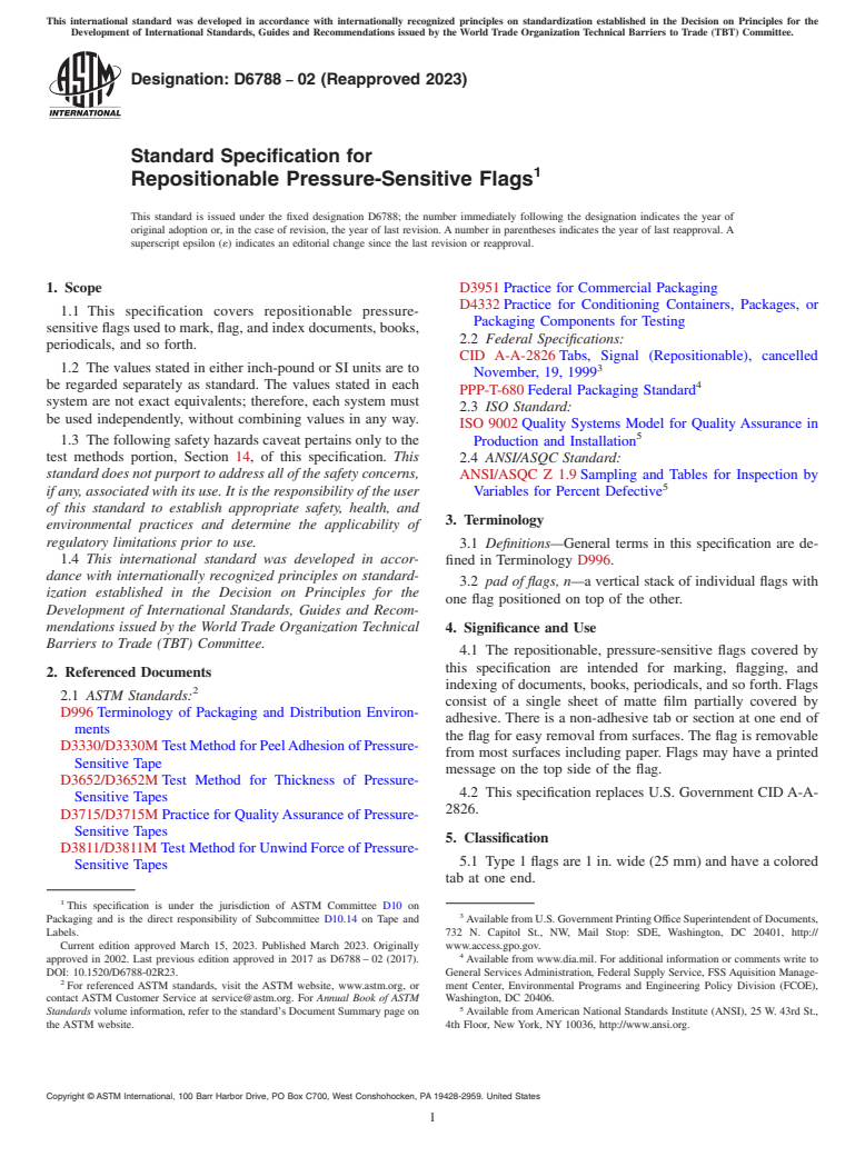 ASTM D6788-02(2023) - Standard Specification for  Repositionable Pressure-Sensitive Flags