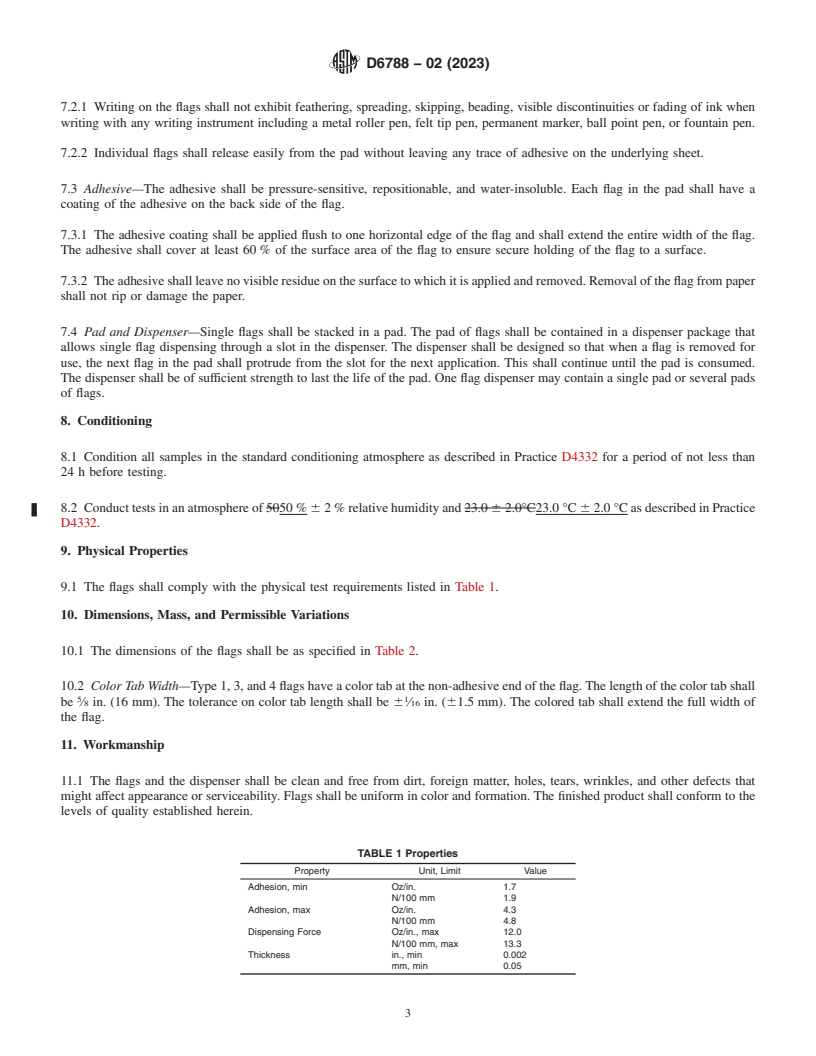 REDLINE ASTM D6788-02(2023) - Standard Specification for  Repositionable Pressure-Sensitive Flags