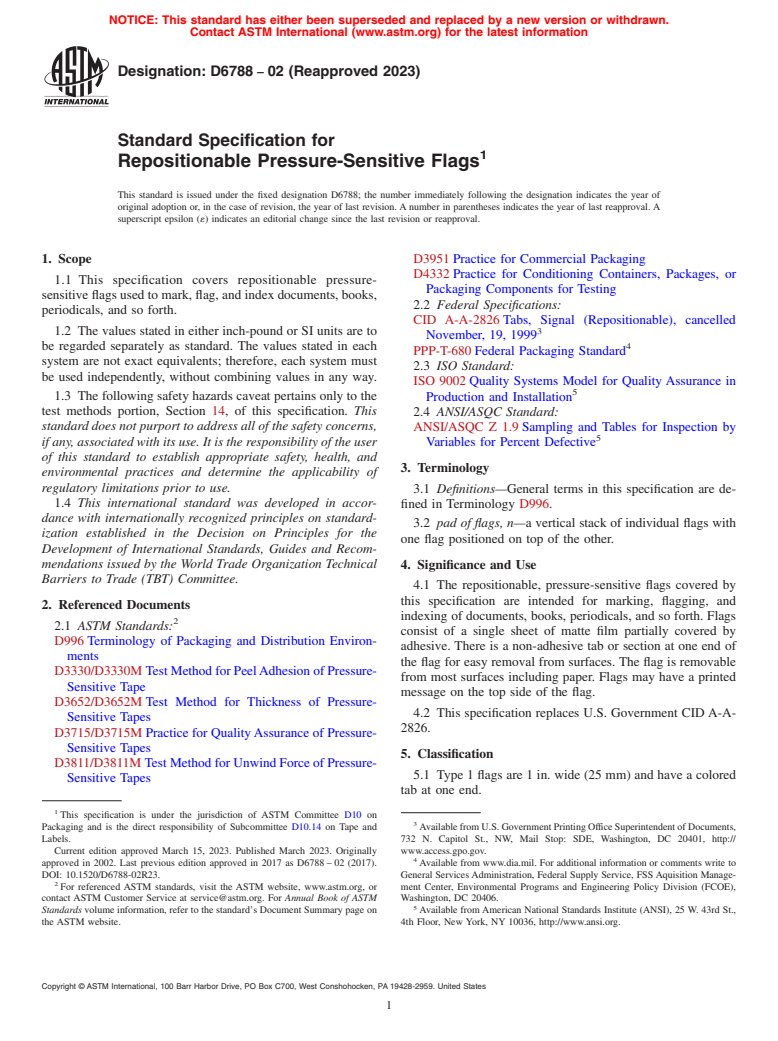 ASTM D6788-02(2023) - Standard Specification for  Repositionable Pressure-Sensitive Flags