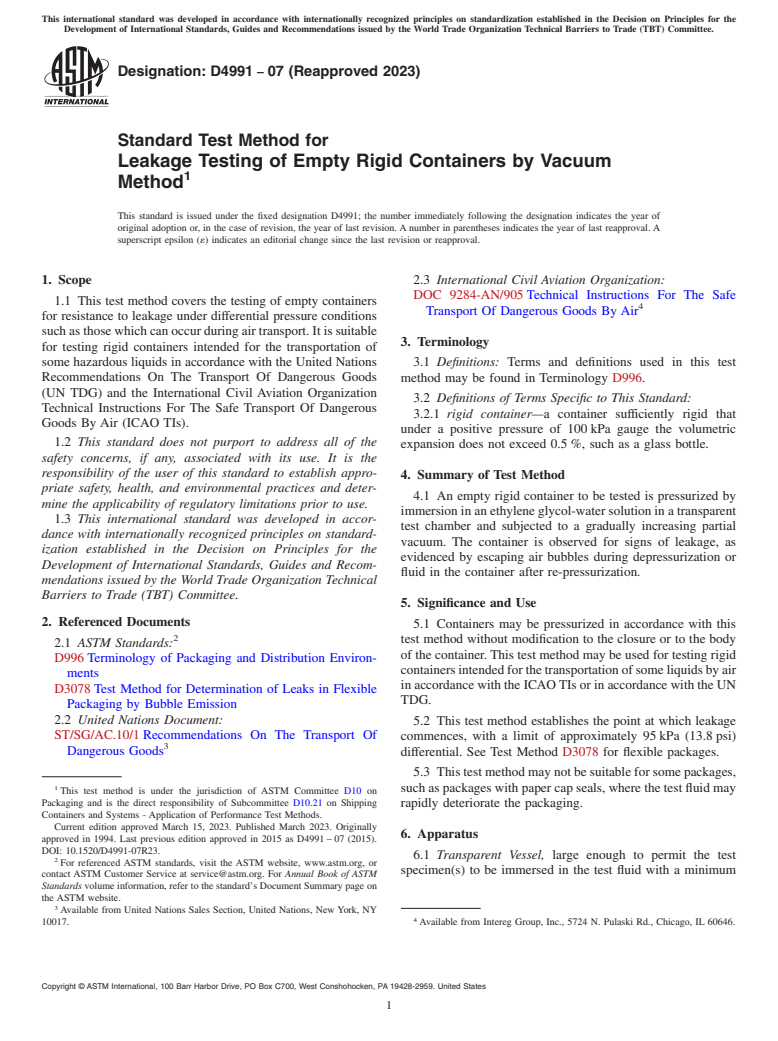 ASTM D4991-07(2023) - Standard Test Method for  Leakage Testing of Empty Rigid Containers by Vacuum Method