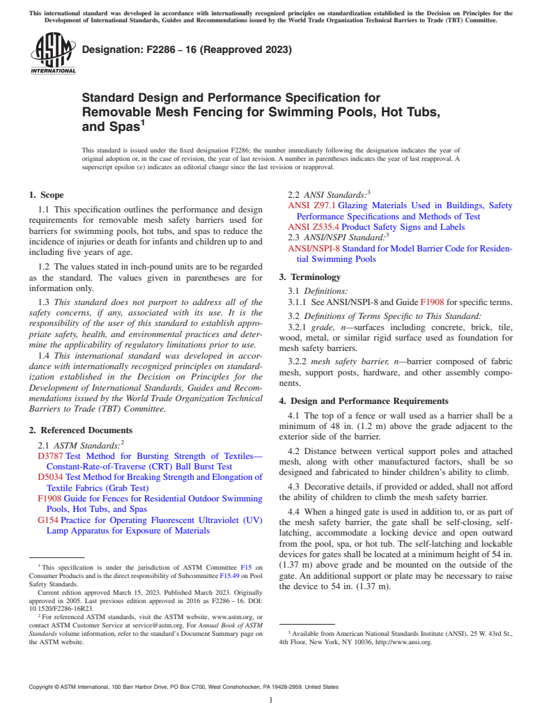 ASTM F2286-16(2023) - Standard Design and Performance Specification for  Removable Mesh Fencing for Swimming Pools, Hot Tubs, and Spas