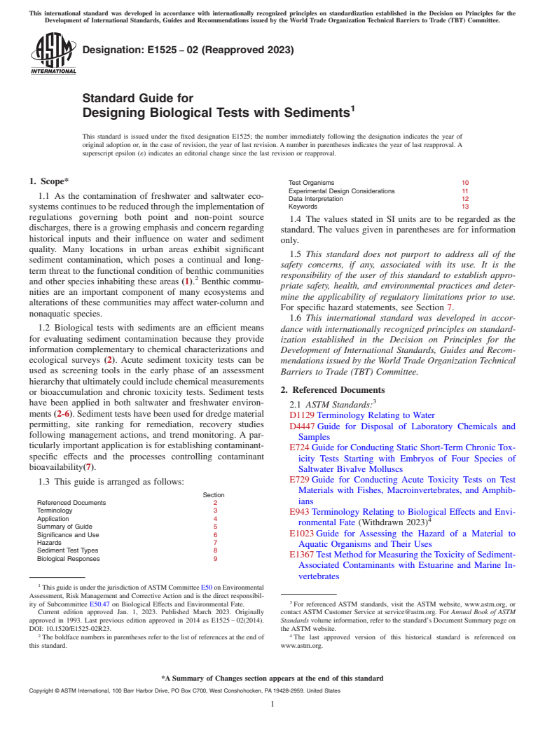 ASTM E1525-02(2023) - Standard Guide for  Designing Biological Tests with Sediments