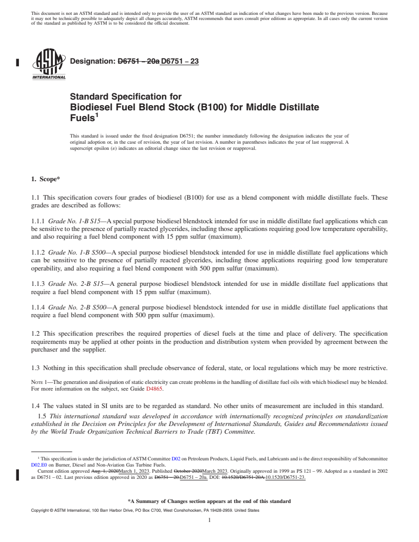 REDLINE ASTM D6751-23 - Standard Specification for Biodiesel Fuel Blend Stock (B100) for Middle Distillate Fuels