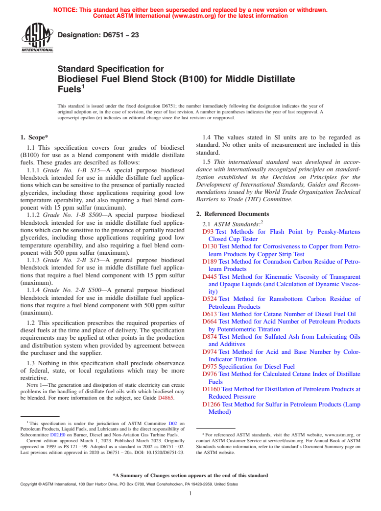 ASTM D6751-23 - Standard Specification for Biodiesel Fuel Blend Stock (B100) for Middle Distillate Fuels