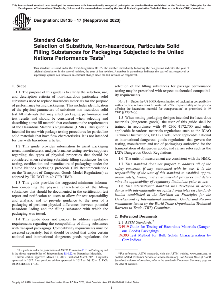 ASTM D8135-17(2023) - Standard Guide for Selection of Substitute, Non-hazardous, Particulate Solid Filling  Substances for Packagings Subjected to the United Nations Performance  Tests