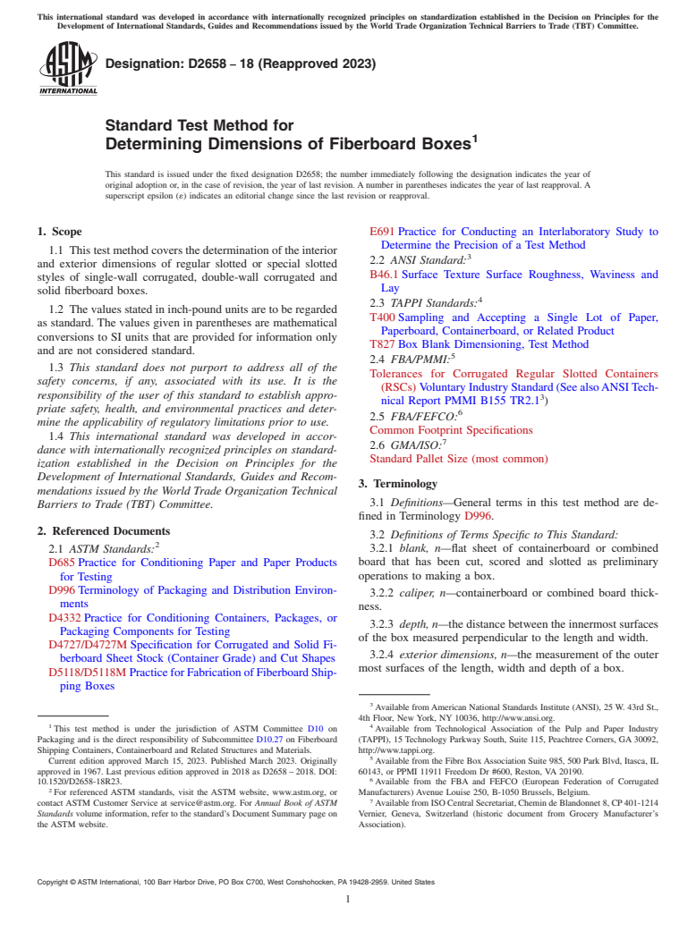 ASTM D2658-18(2023) - Standard Test Method for Determining Dimensions of Fiberboard Boxes