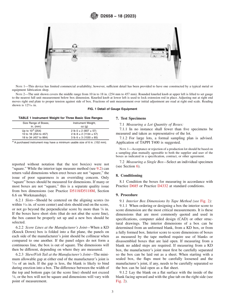 ASTM D2658-18(2023) - Standard Test Method for Determining Dimensions of Fiberboard Boxes