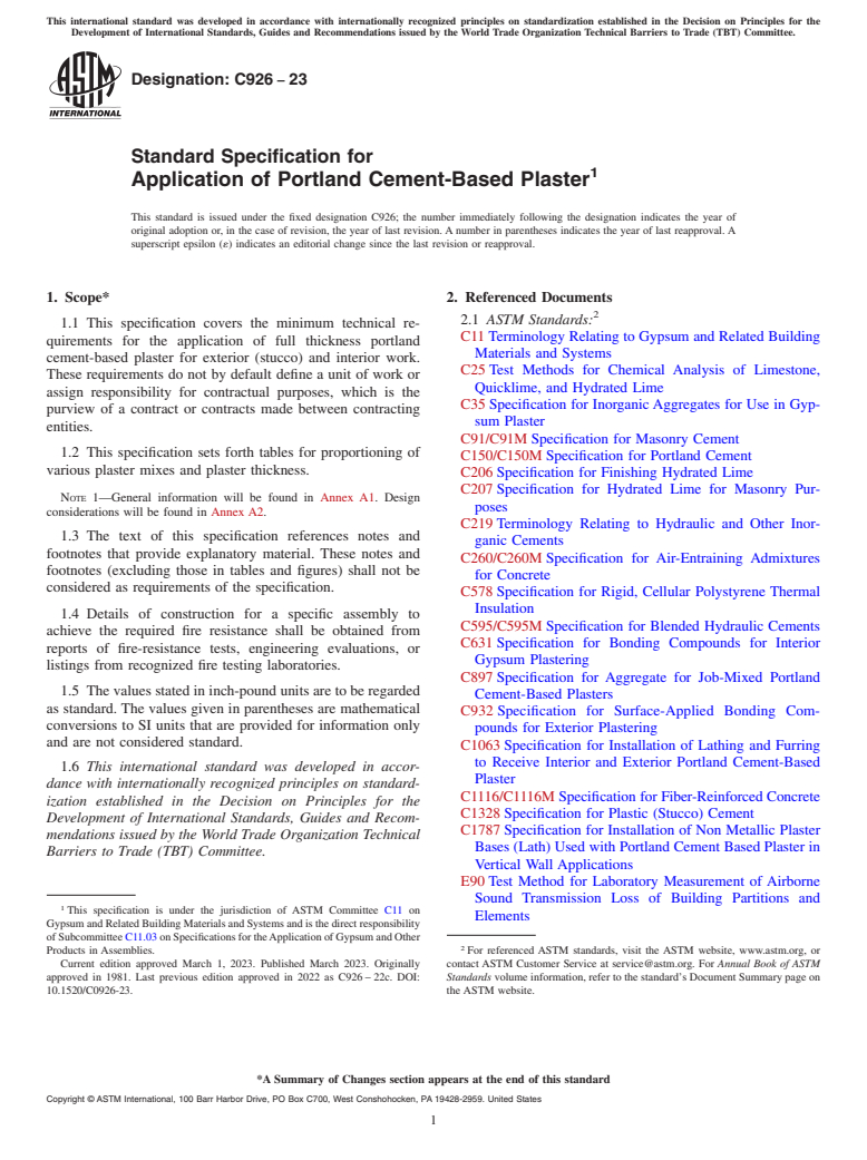 ASTM C926-23 - Standard Specification for  Application of Portland Cement-Based Plaster