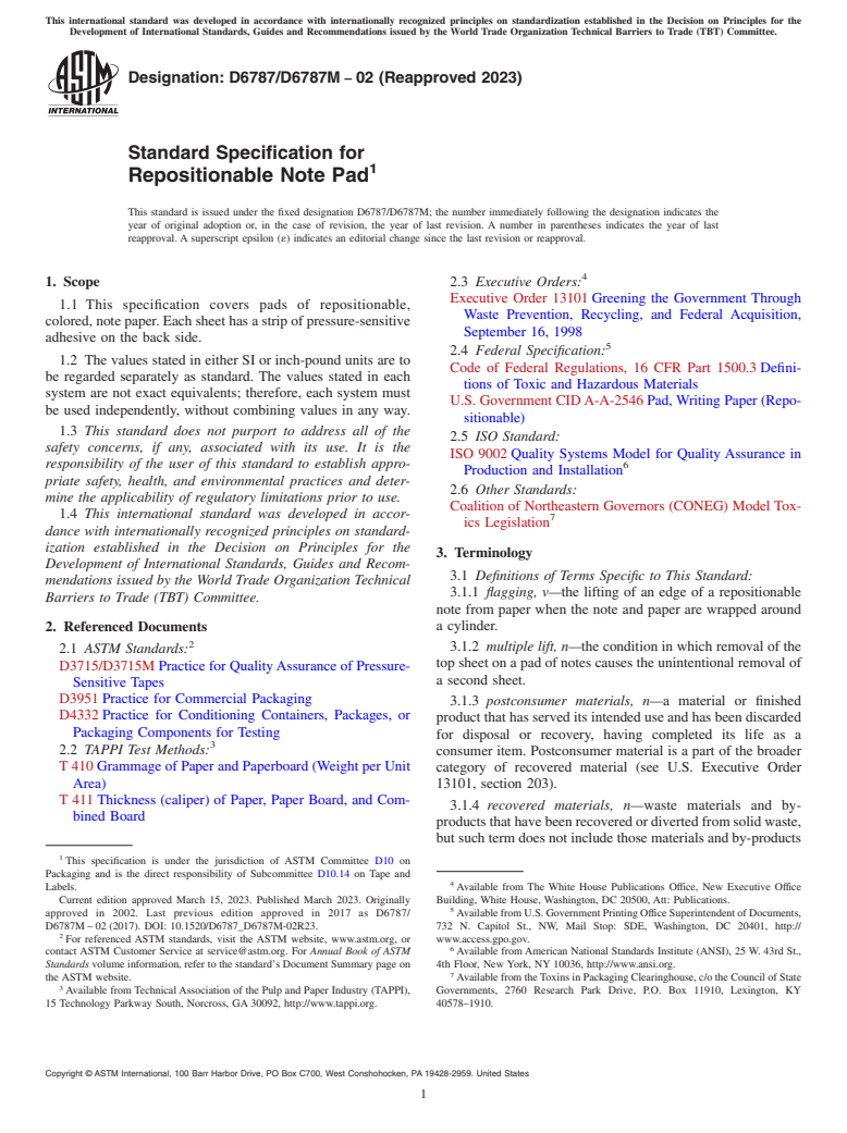 ASTM D6787/D6787M-02(2023) - Standard Specification for  Repositionable Note Pad