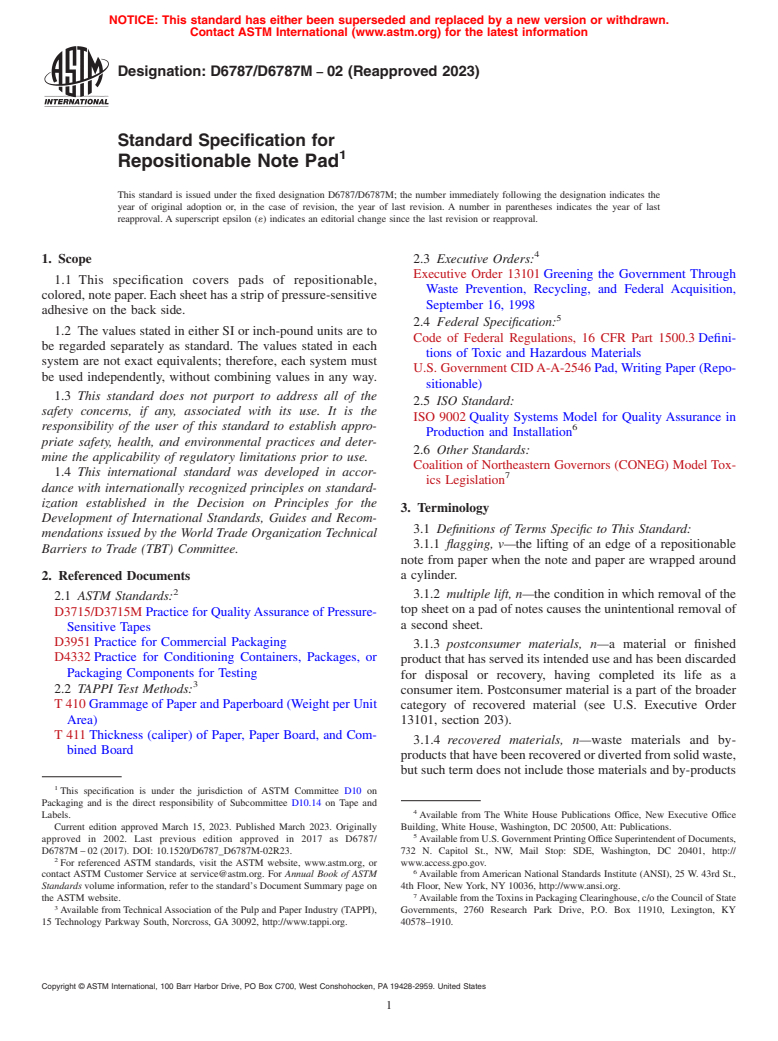 ASTM D6787/D6787M-02(2023) - Standard Specification for  Repositionable Note Pad