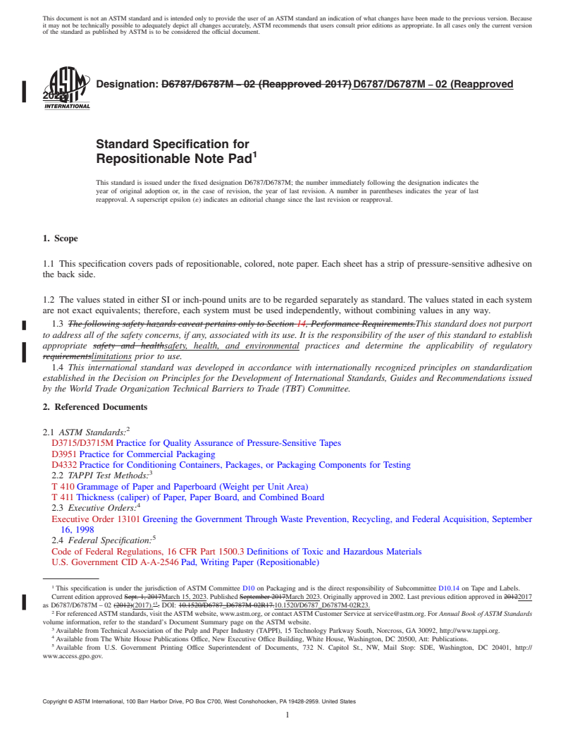 REDLINE ASTM D6787/D6787M-02(2023) - Standard Specification for  Repositionable Note Pad