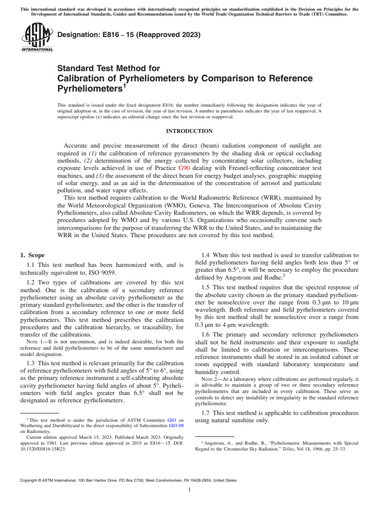 ASTM E816-15(2023) - Standard Test Method for  Calibration of Pyrheliometers by Comparison to Reference Pyrheliometers