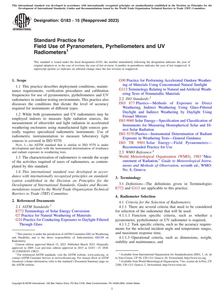 ASTM G183-15(2023) - Standard Practice for  Field Use of Pyranometers, Pyrheliometers and UV Radiometers