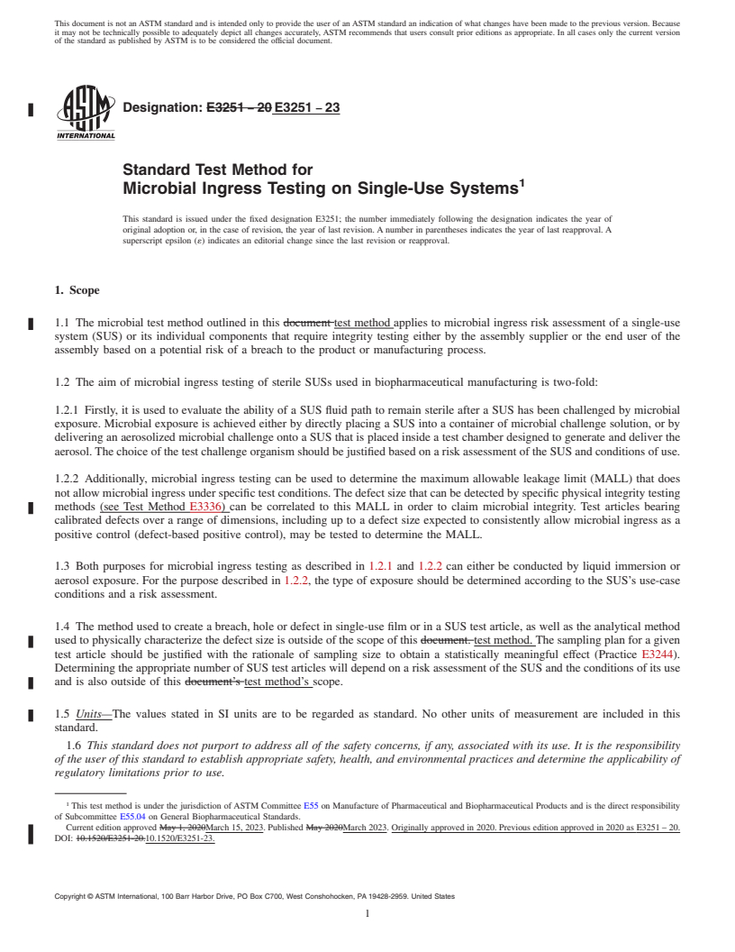 REDLINE ASTM E3251-23 - Standard Test Method for Microbial Ingress Testing on Single-Use Systems