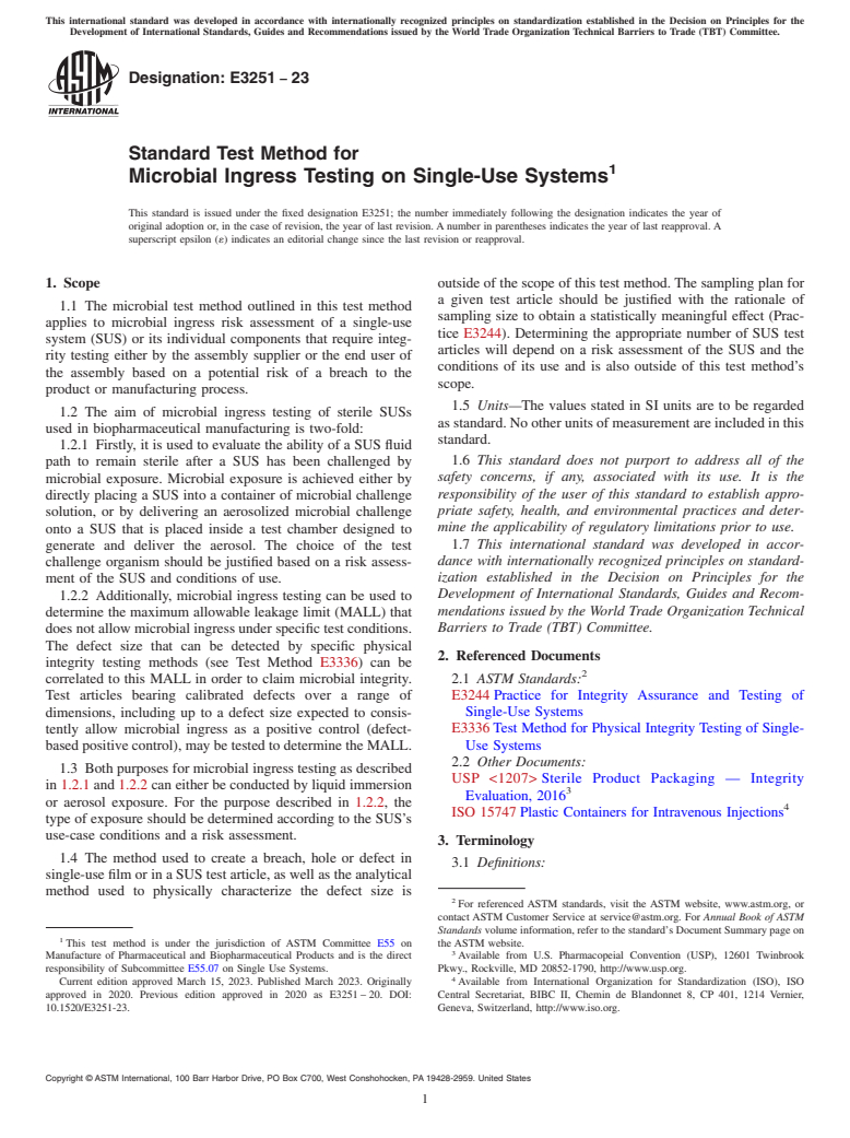 ASTM E3251-23 - Standard Test Method for Microbial Ingress Testing on Single-Use Systems