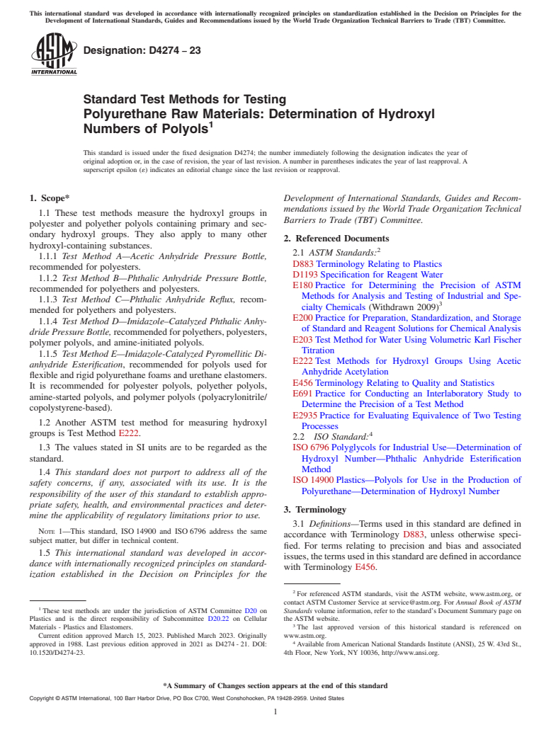 ASTM D4274-23 - Standard Test Methods for Testing Polyurethane Raw Materials: Determination of Hydroxyl Numbers  of Polyols