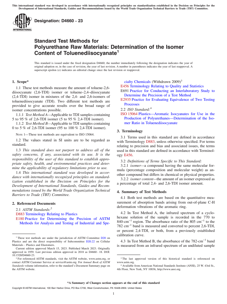 ASTM D4660-23 - Standard Test Methods for  Polyurethane Raw Materials: Determination of the Isomer Content  of Toluenediisocyanate