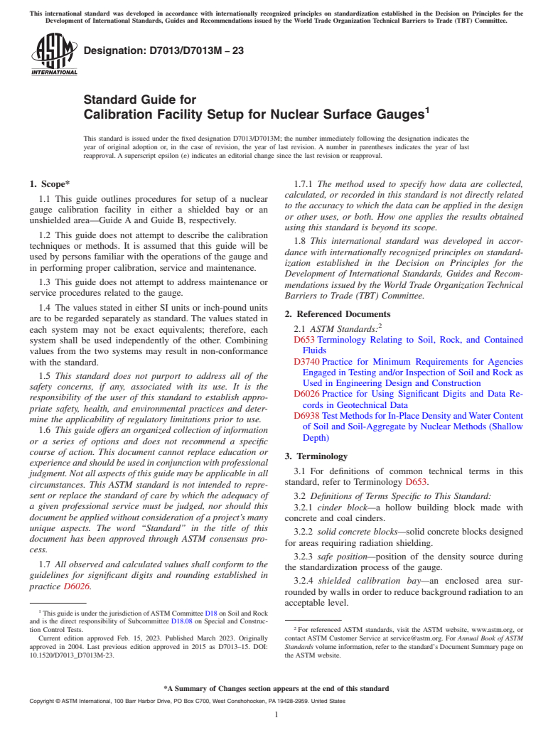 ASTM D7013/D7013M-23 - Standard Guide for  Calibration Facility Setup for Nuclear Surface Gauges