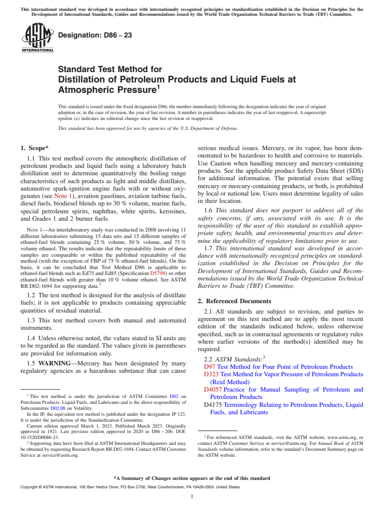 ASTM D86-23 - Standard Test Method for Distillation of Petroleum Products and Liquid Fuels at Atmospheric  Pressure