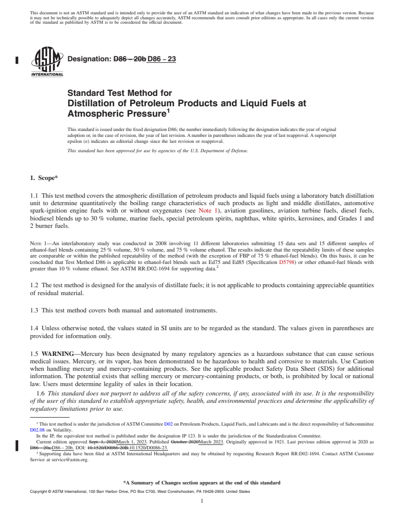 REDLINE ASTM D86-23 - Standard Test Method for Distillation of Petroleum Products and Liquid Fuels at Atmospheric  Pressure
