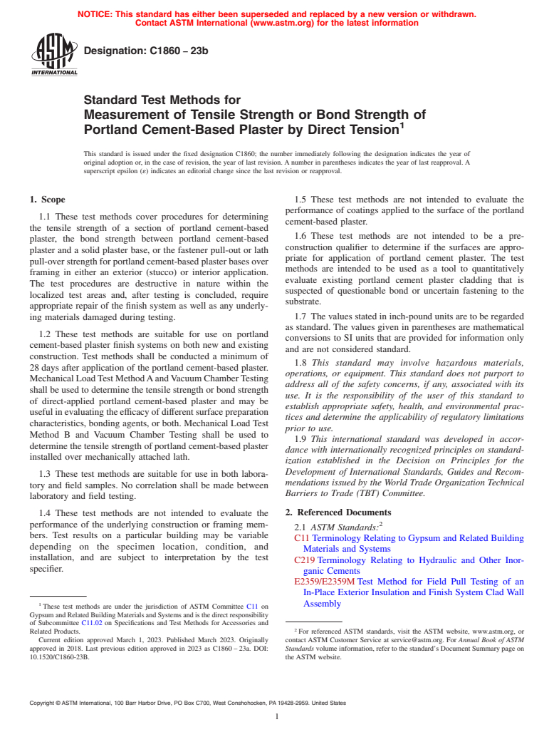 ASTM C1860-23b - Standard Test Methods for Measurement of Tensile Strength or Bond Strength of Portland  Cement-Based Plaster by Direct Tension