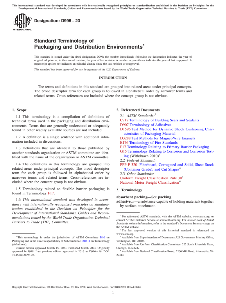 ASTM D996-23 - Standard Terminology of  Packaging and Distribution Environments